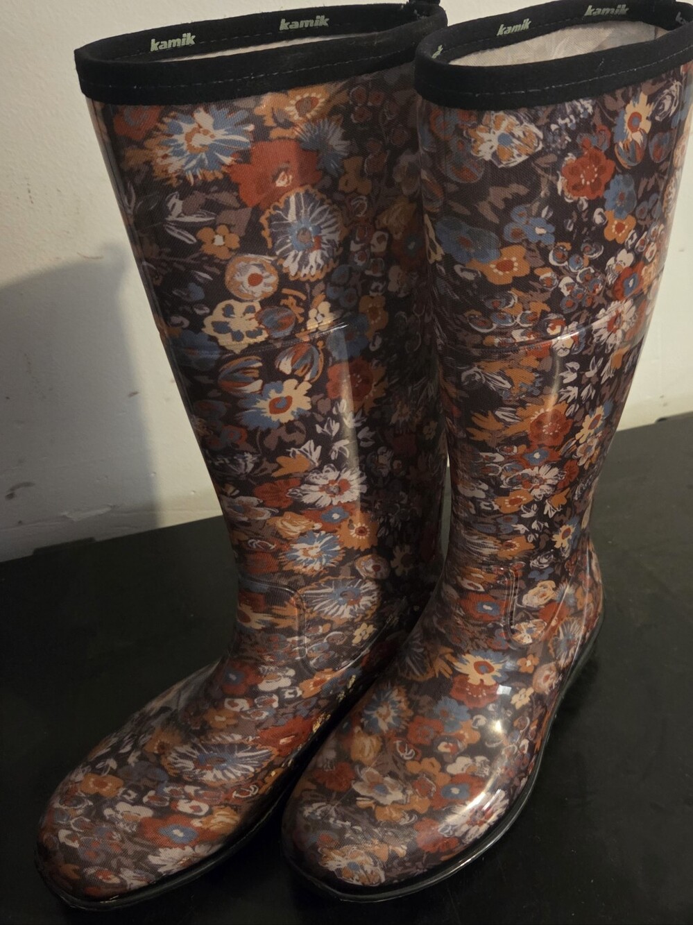 Kamik Women's Tall Floral Rain Boots - Navy, Rust & Cream